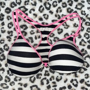 Fruit of the Loom Black and White Striped Bra with Pink Trim